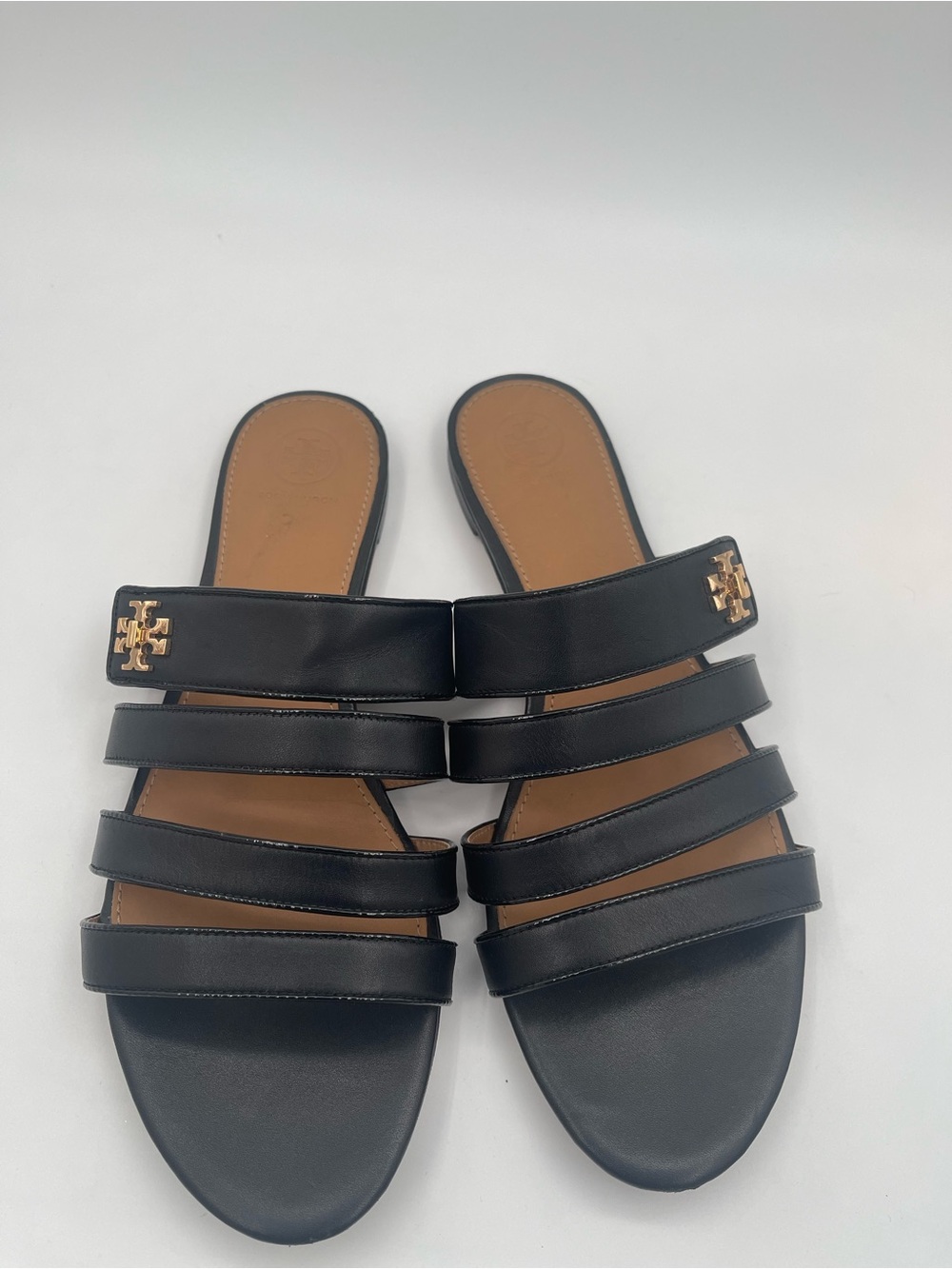Tory Burch Black Multi-Strap Leather Slide Sandals with Gold Logo